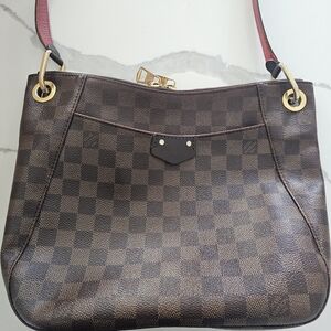 Louis Vuitton Brown Checkered Shoulder Bag with Red Accents
